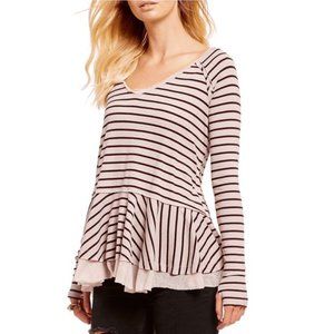Free People Lace Trim V-Neck Stripe Top
